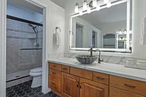 Full bathroom featuring vanity and a shower stall