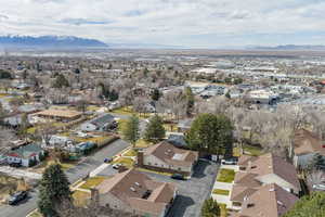 Aerial perspective of suburban area with mountains