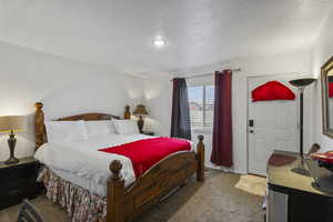 Carpeted bedroom with a textured ceiling