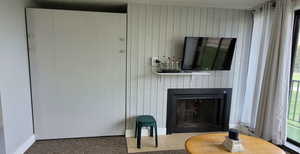 Detailed view of a fireplace, wood walls, and speckle patterned floor