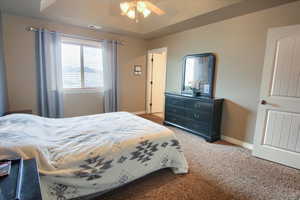 Carpeted bedroom featuring a tray ceiling, multiple windows, and ceiling fan