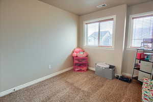 Recreation room featuring carpet floors and baseboards