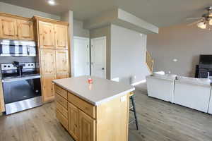 Kitchen featuring light wood finish cabinets, stainless steel appliances, open floor plan, ceiling fan, and light wood-style floors
