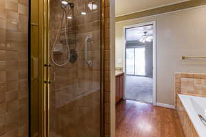 Bathroom featuring a stall shower, vanity, wood finished floors, ornamental molding, and ceiling fan