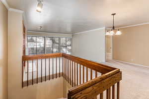 Corridor with carpet floors, crown molding, a textured ceiling, and a chandelier