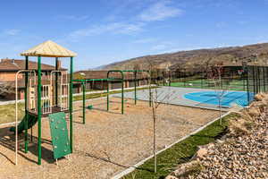 Community playground with a mountain view