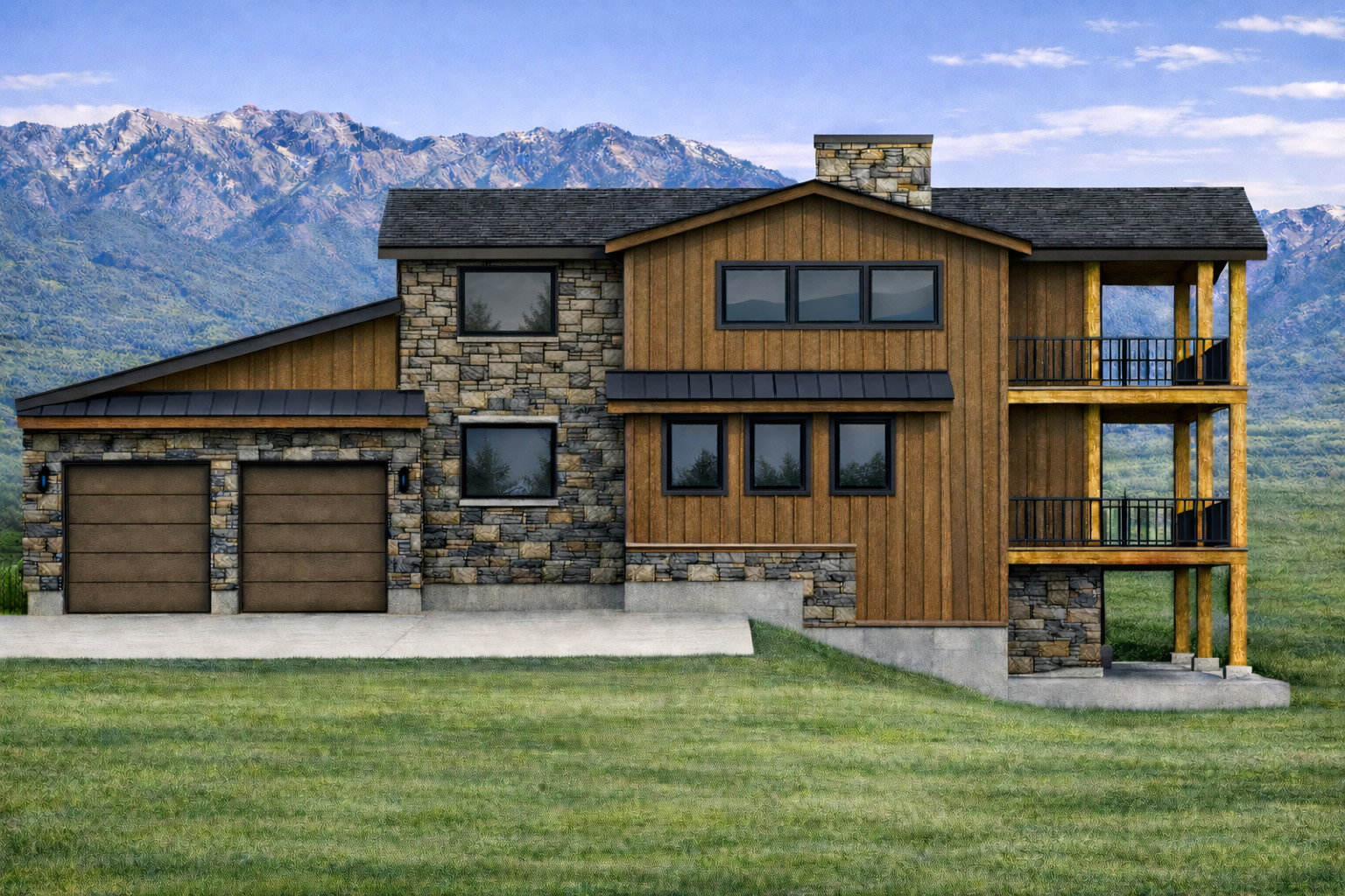 View of front of house with stone siding, a mountain view, a balcony, a front yard, and driveway