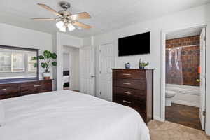 Bedroom with ceiling fan, a textured ceiling, and dark colored carpet