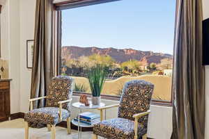 Living area featuring a mountain view