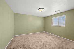 Empty room with a textured ceiling and carpet floors