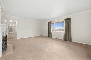 Unfurnished living room featuring light carpet, ornamental molding, and a fireplace