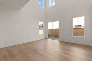 Unfurnished room with healthy amount of natural light, light wood-type flooring, and a high ceiling