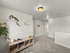 Recreation room with light carpet and a textured ceiling