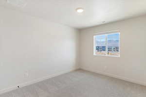 Empty room with carpet flooring, a mountain view, and a textured ceiling