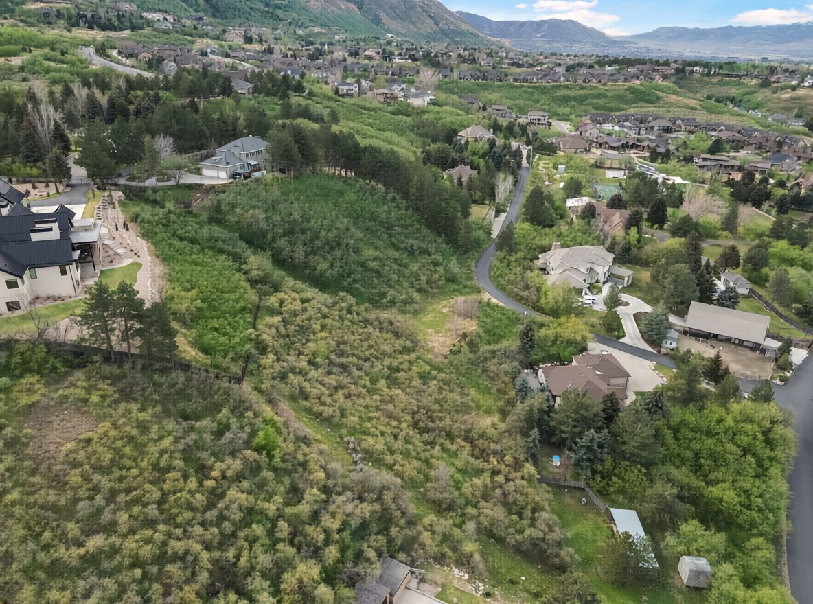 Aerial perspective of suburban area featuring a mountainous background