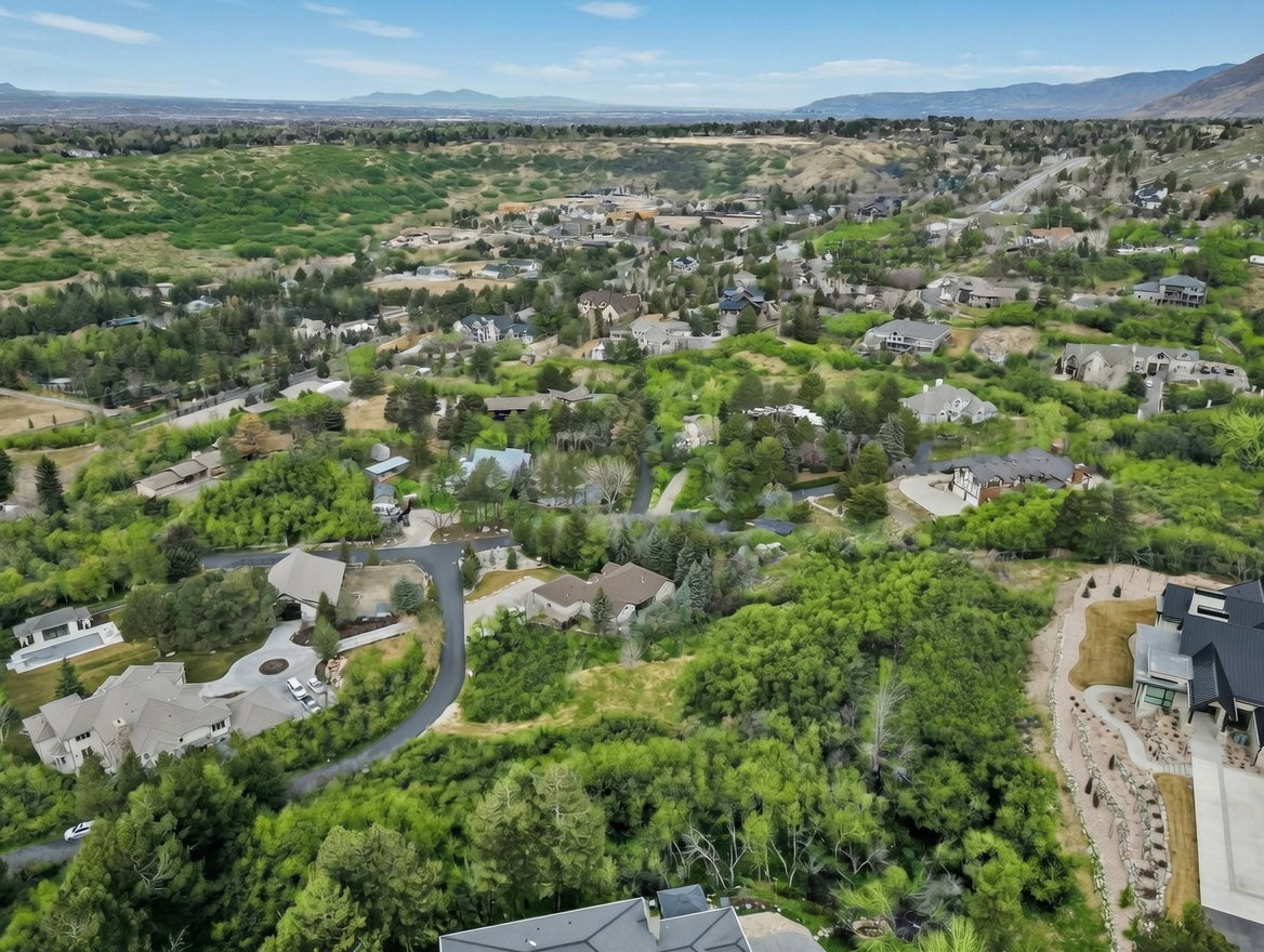 Aerial perspective of suburban area featuring mountains