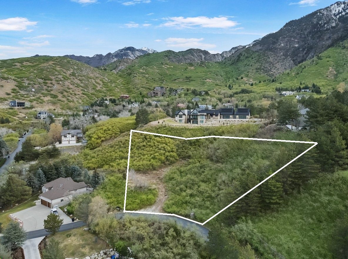 Aerial overview of property's location with a mountain backdrop and property boundaries highlighted