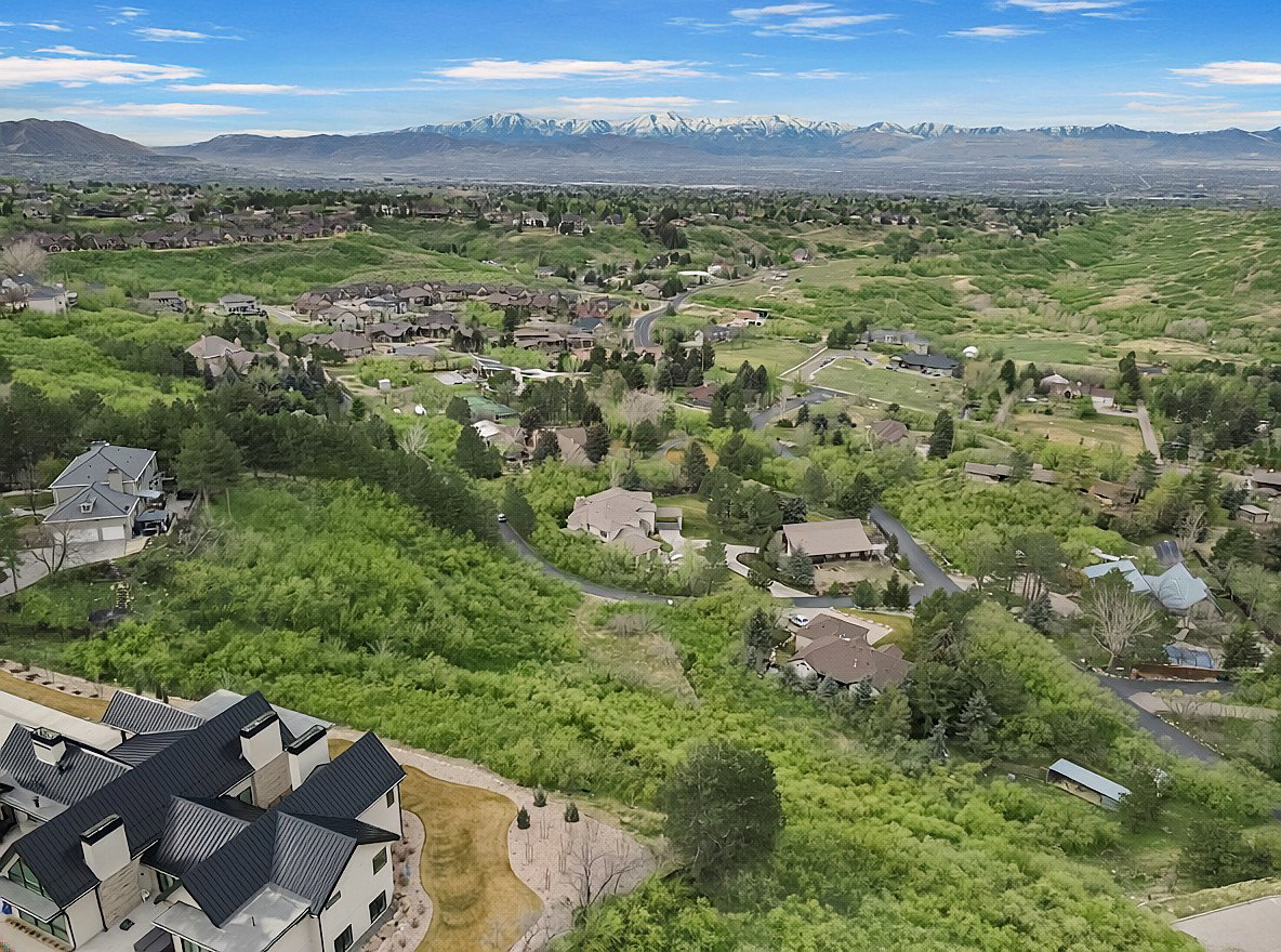 Aerial perspective of suburban area with mountains