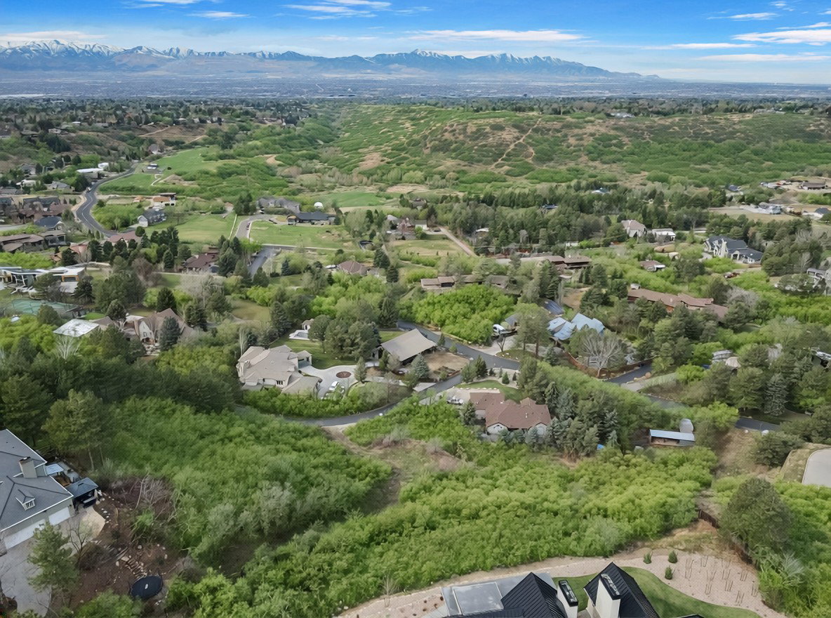 Aerial view of residential area with a mountainous background