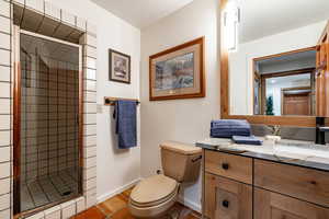 Full bath with a stall shower and vanity