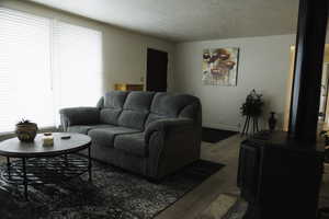 Living area with LVP flooring and a textured ceiling
