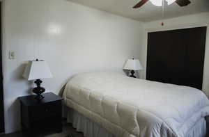 Bedroom with LVP floors, ceiling fan, a closet, and a textured ceiling