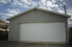 View of detached two-car garage
