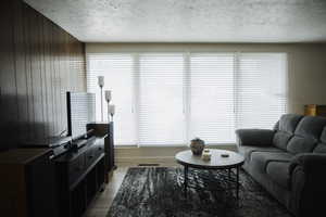 Living area featuring wooden walls, light wood-style flooring, plenty of natural light, and a textured ceiling