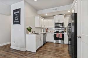 Kitchen with stainless steel appliances, white cabinetry, dark wood-style flooring, backsplash, and recessed lighting