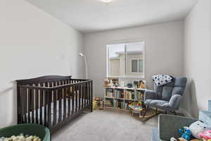 Bedroom with a nursery area and carpet flooring