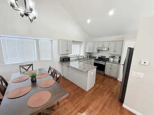 Kitchen with stainless steel appliances, a peninsula, dark wood-type flooring, dark stone countertops, and lofted ceiling