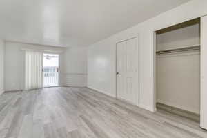 Unfurnished bedroom featuring light wood-style flooring, access to exterior, and a closet