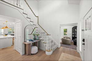 Foyer entrance with light wood-style floors, healthy amount of natural light, and a high ceiling