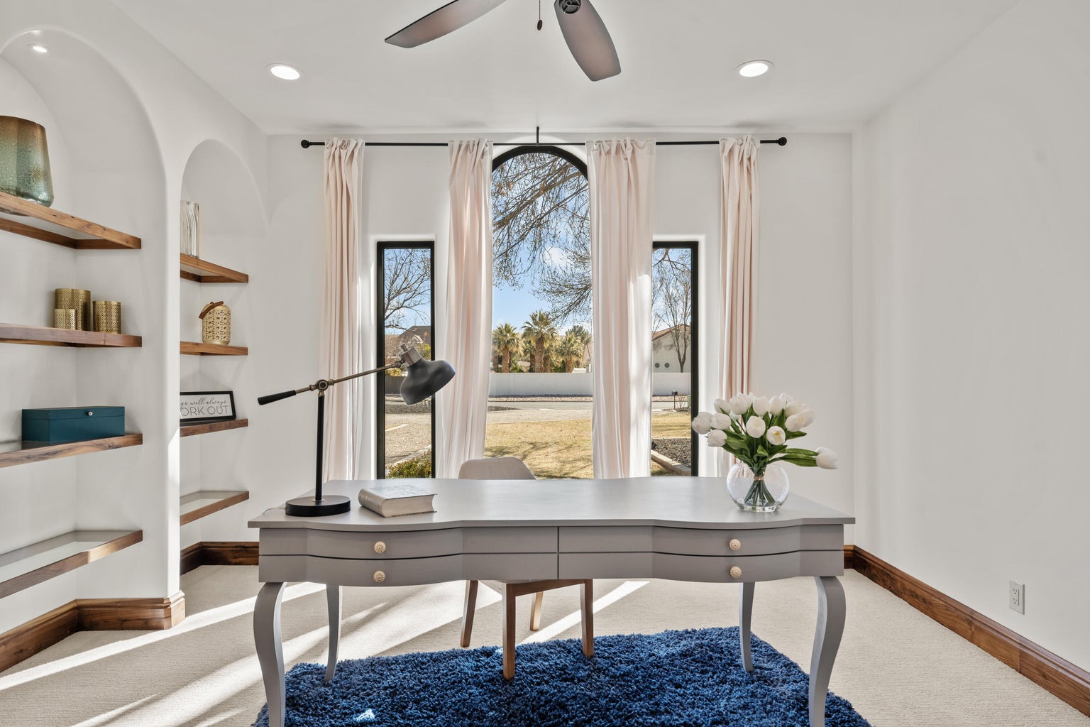 Office with carpet, recessed lighting, and a ceiling fan