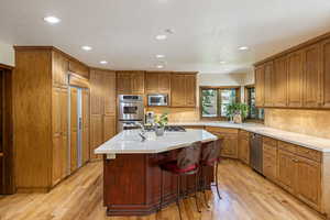 Kitchen featuring a kitchen island with sink, wood finish cabinets, recessed lighting, light wood-style floors, and built in appliances