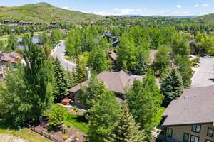 Aerial view of residential area with a mountainous background