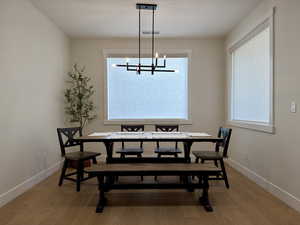 Dining area with light wood-style floors and suspended lighting