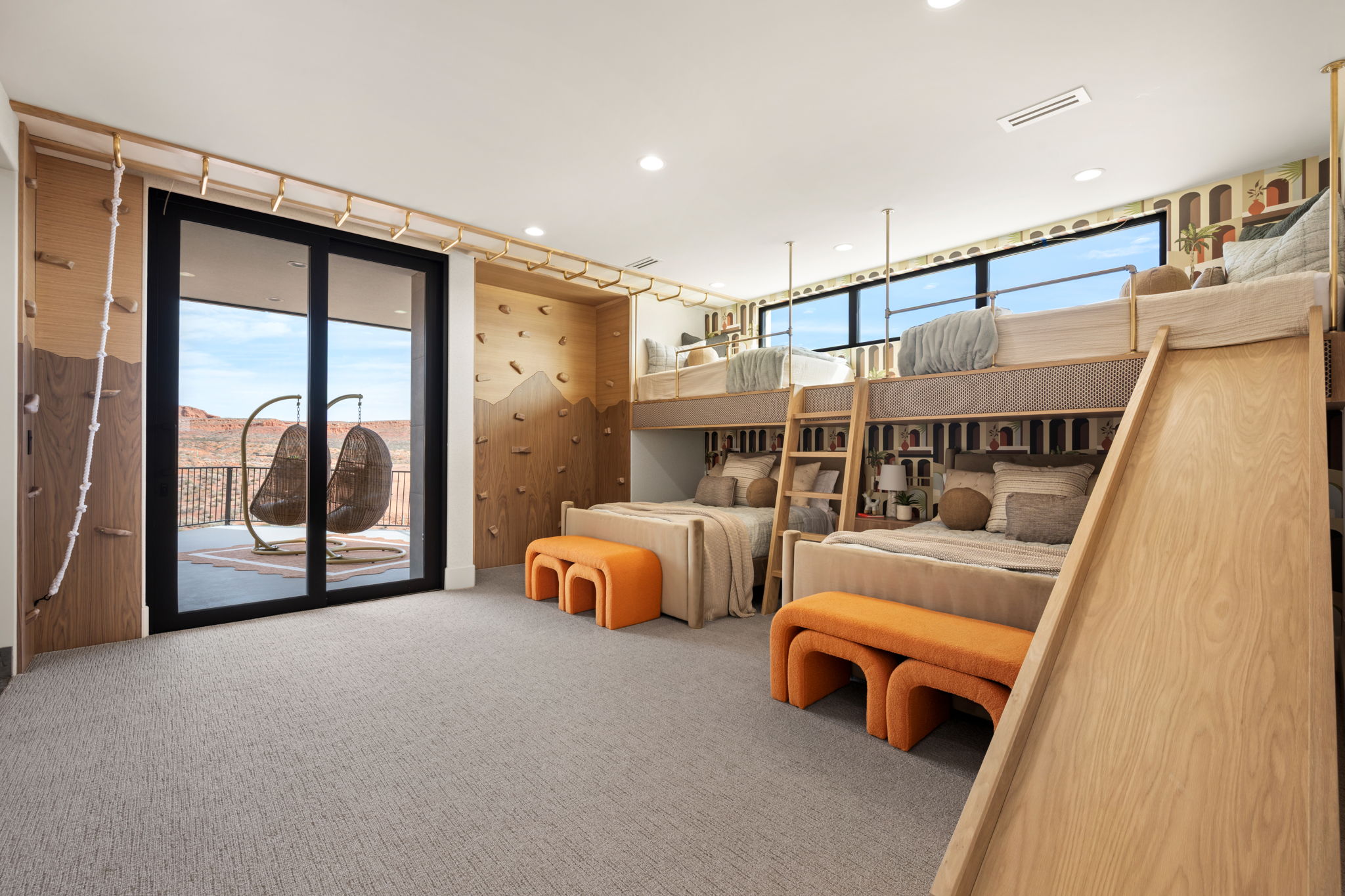 Carpeted bedroom with access to outside and recessed lighting