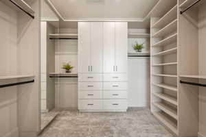 Walk in closet featuring light carpet