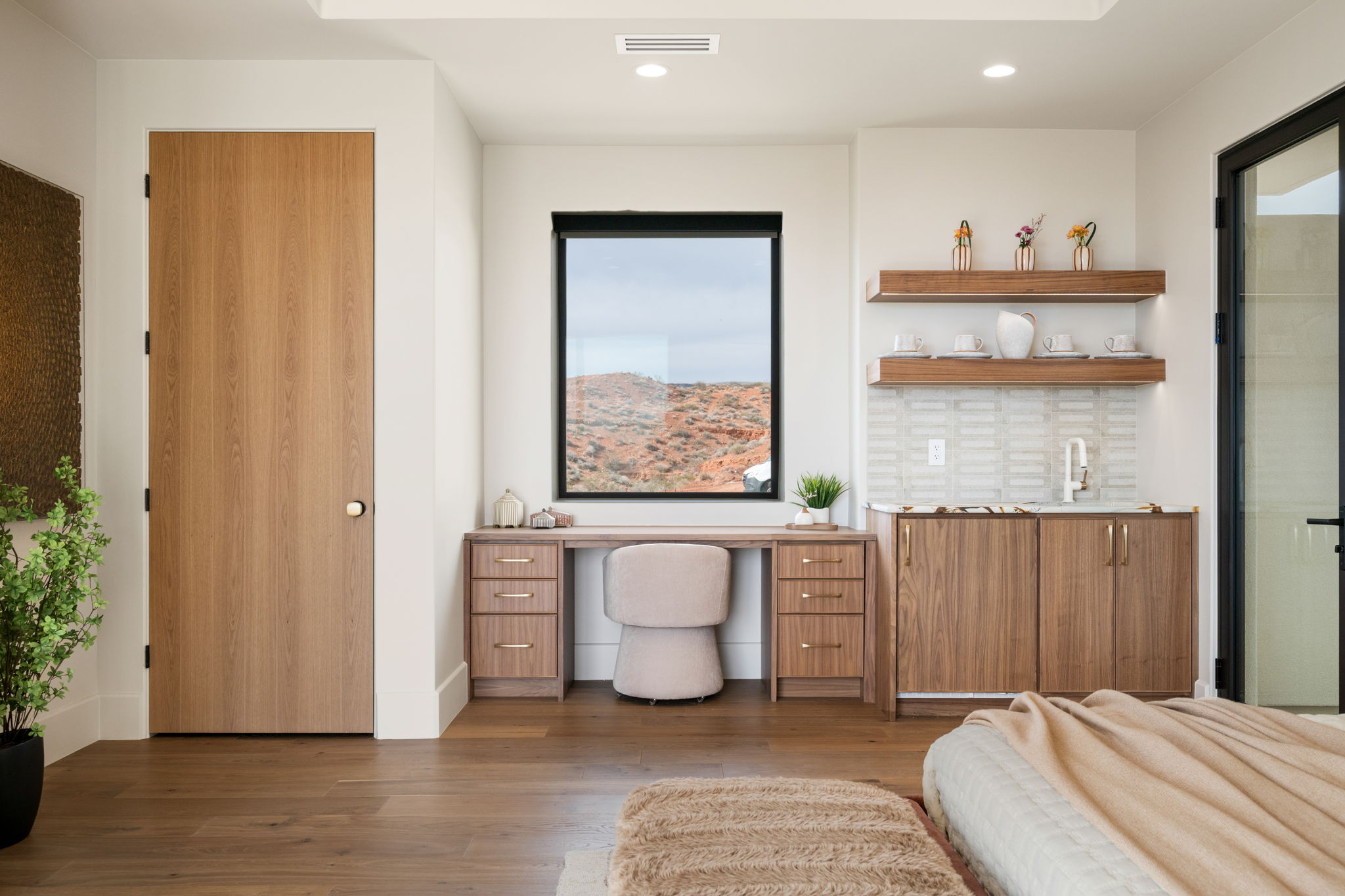 Office space with wood finished floors, recessed lighting, and built in study area