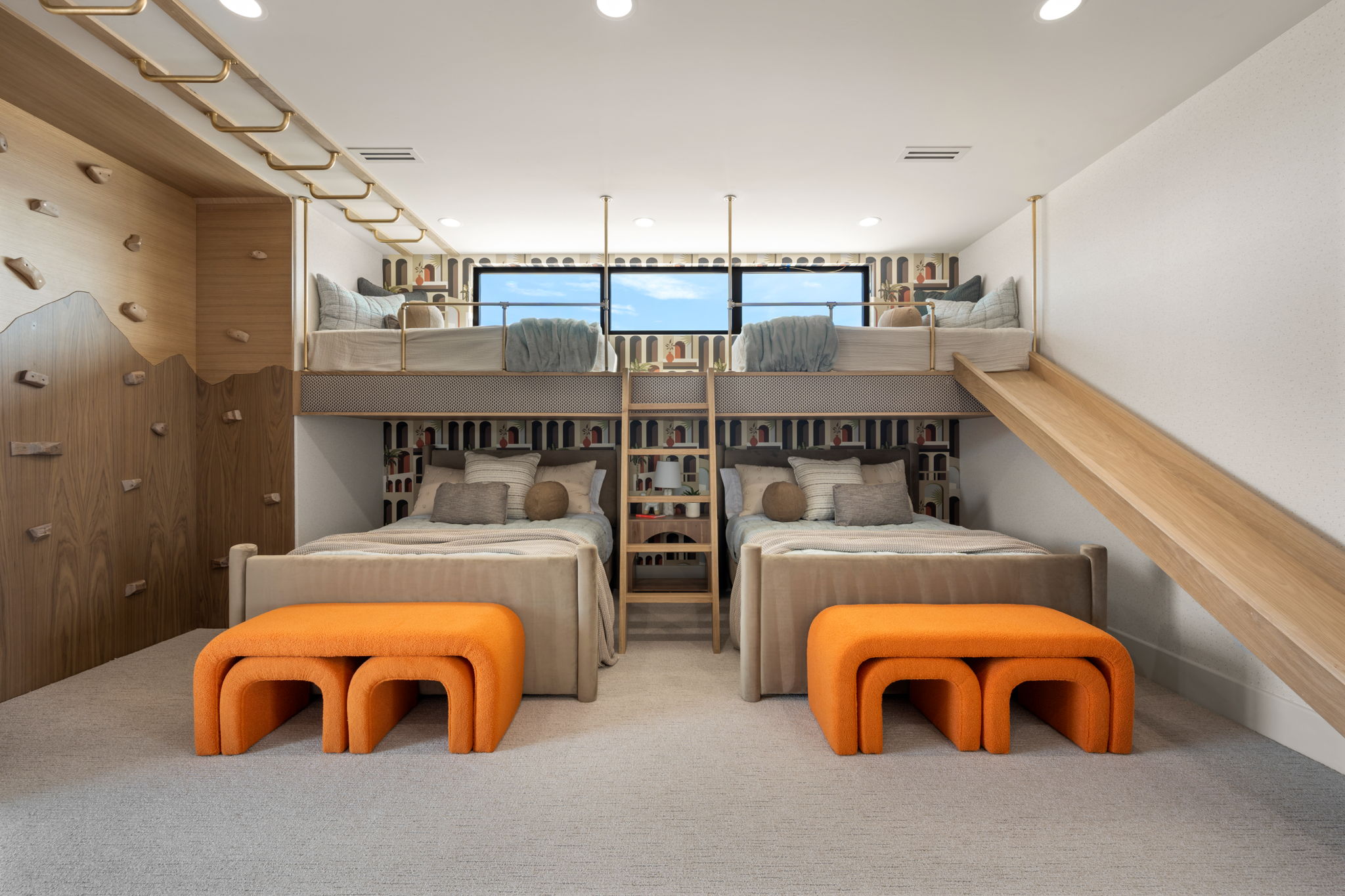 Carpeted bedroom with recessed lighting