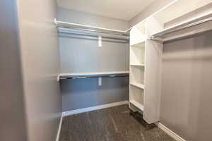 Walk in closet with dark colored carpet
