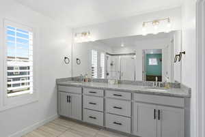 Full bathroom featuring double vanity and a stall shower