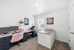 Home office with light colored carpet and baseboards