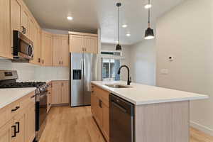 Kitchen featuring stainless steel appliances, light wood finish cabinets, light wood-type flooring, and pendant lighting