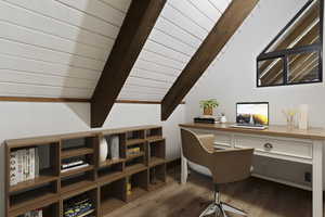 Office featuring vaulted ceiling with beams and light wood-type flooring