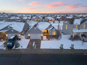 Aerial view at dusk of a residential view
