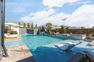 Relaxing pool / spa featuring a patio and a fenced backyard