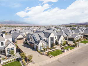 Aerial view of residential area with a mountain backdrop
