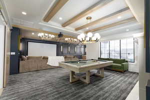 Playroom with recessed lighting, billiards, and beamed ceiling